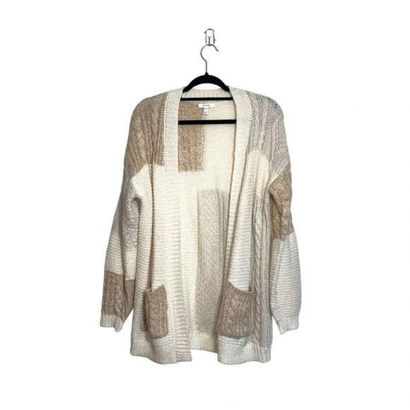 Maurices Cream & Tan Patchwork Pocket Tight Knit Cardigan Medium Women’s - Picture 2 of 11